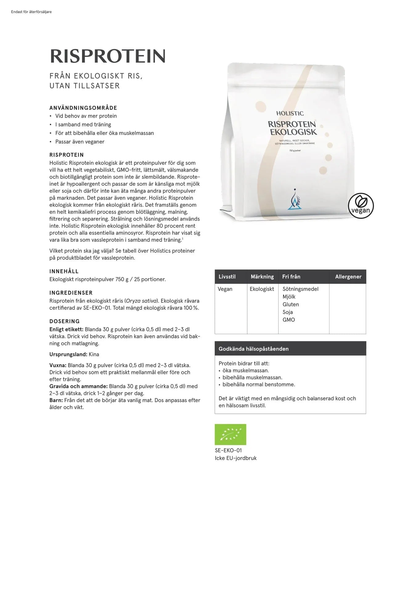 Holistisk Risprotein Økologisk, 750 g