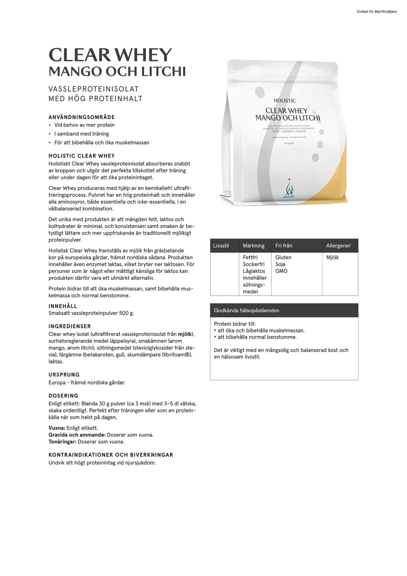 Holistic Clear Whey vassleproteinisolat mango och litchi, 500g