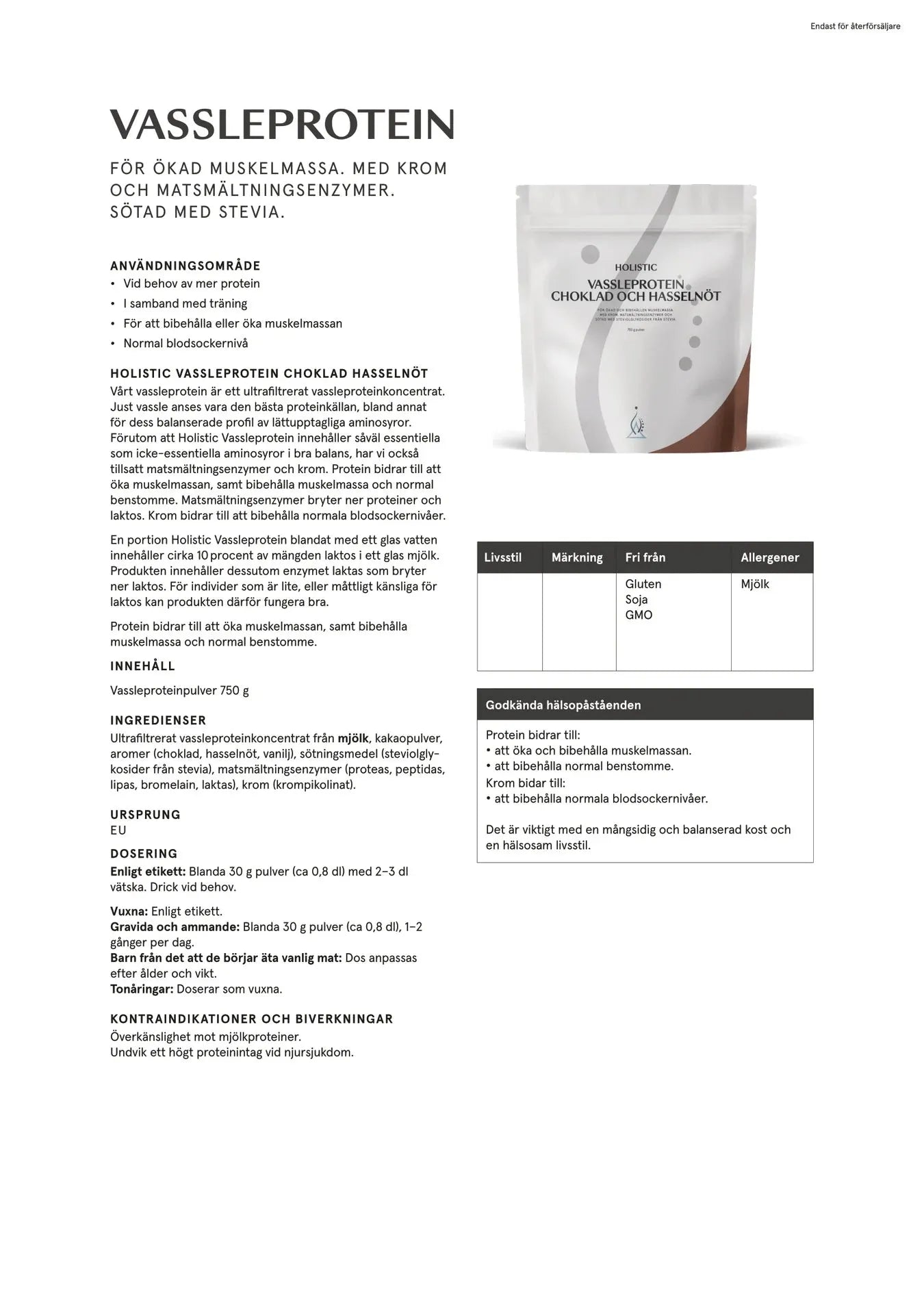 Holistic Vassleprotein choklad och hasselnöt, 750 g