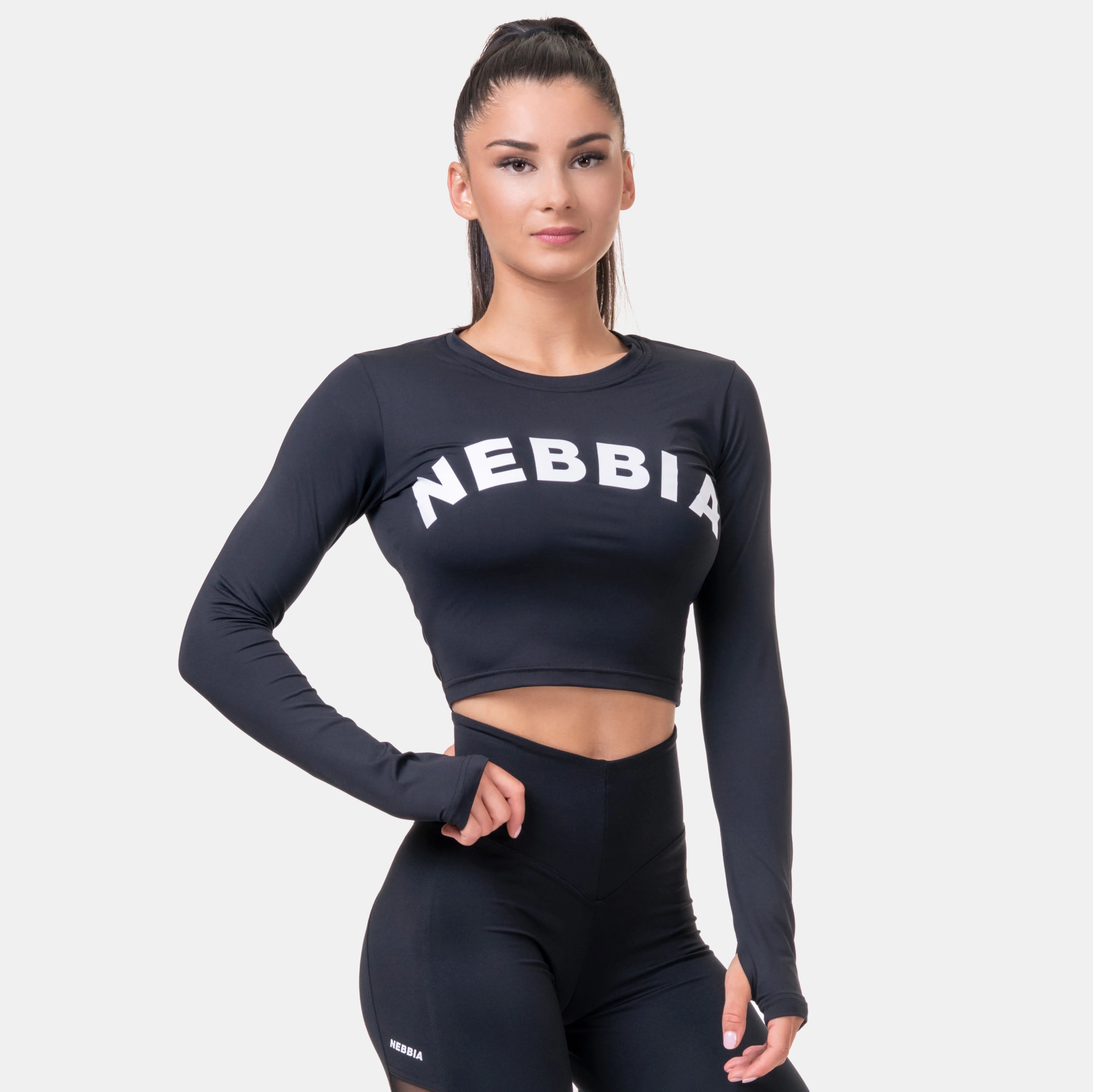 NEBBIA Long Sleeve Thumbhole Sporty Crop Top/träningstopp, black
