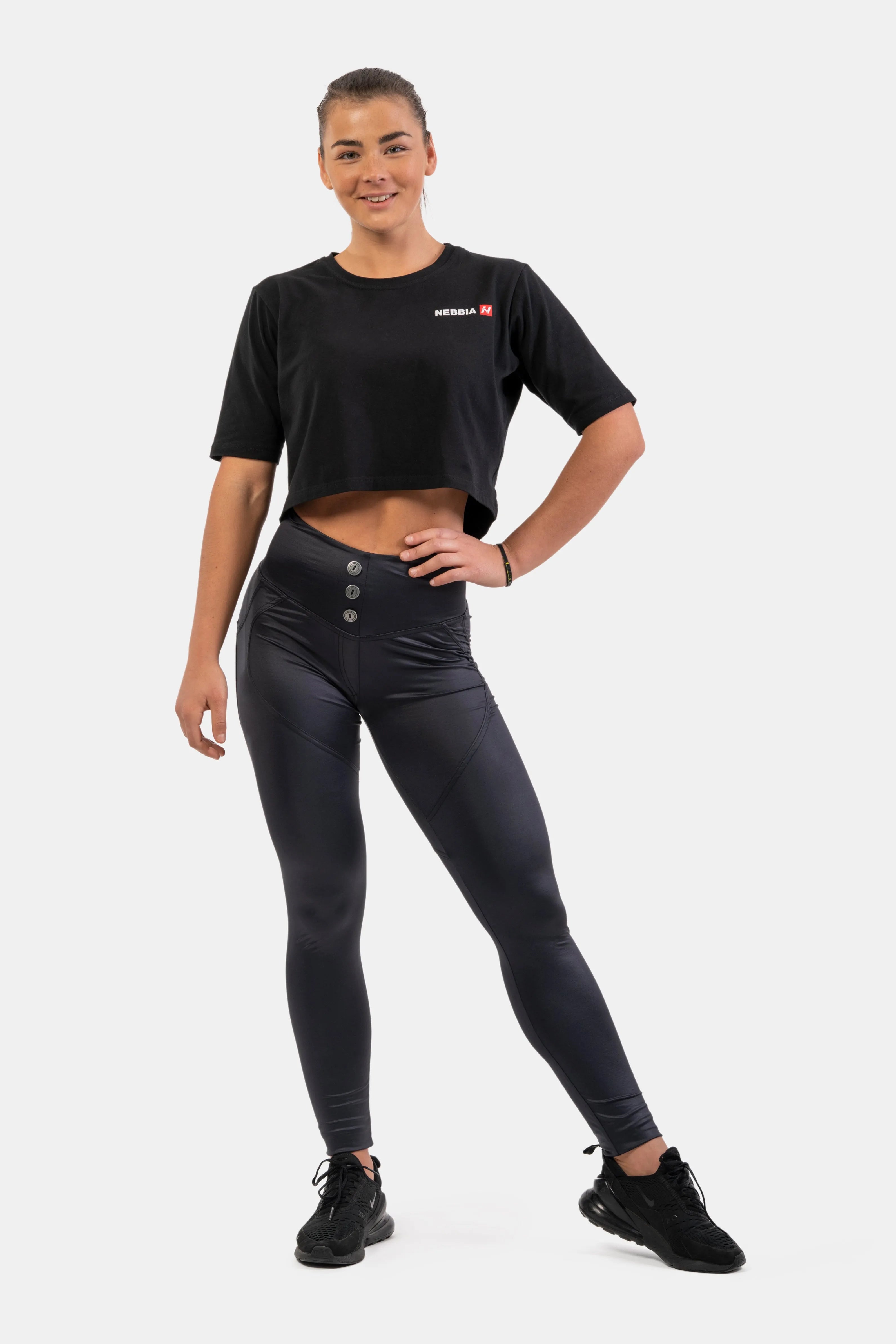NEBBIA Højtaljede Bubble Butt-bukser/Træningstights med Glossy Look, vulkansk sort
